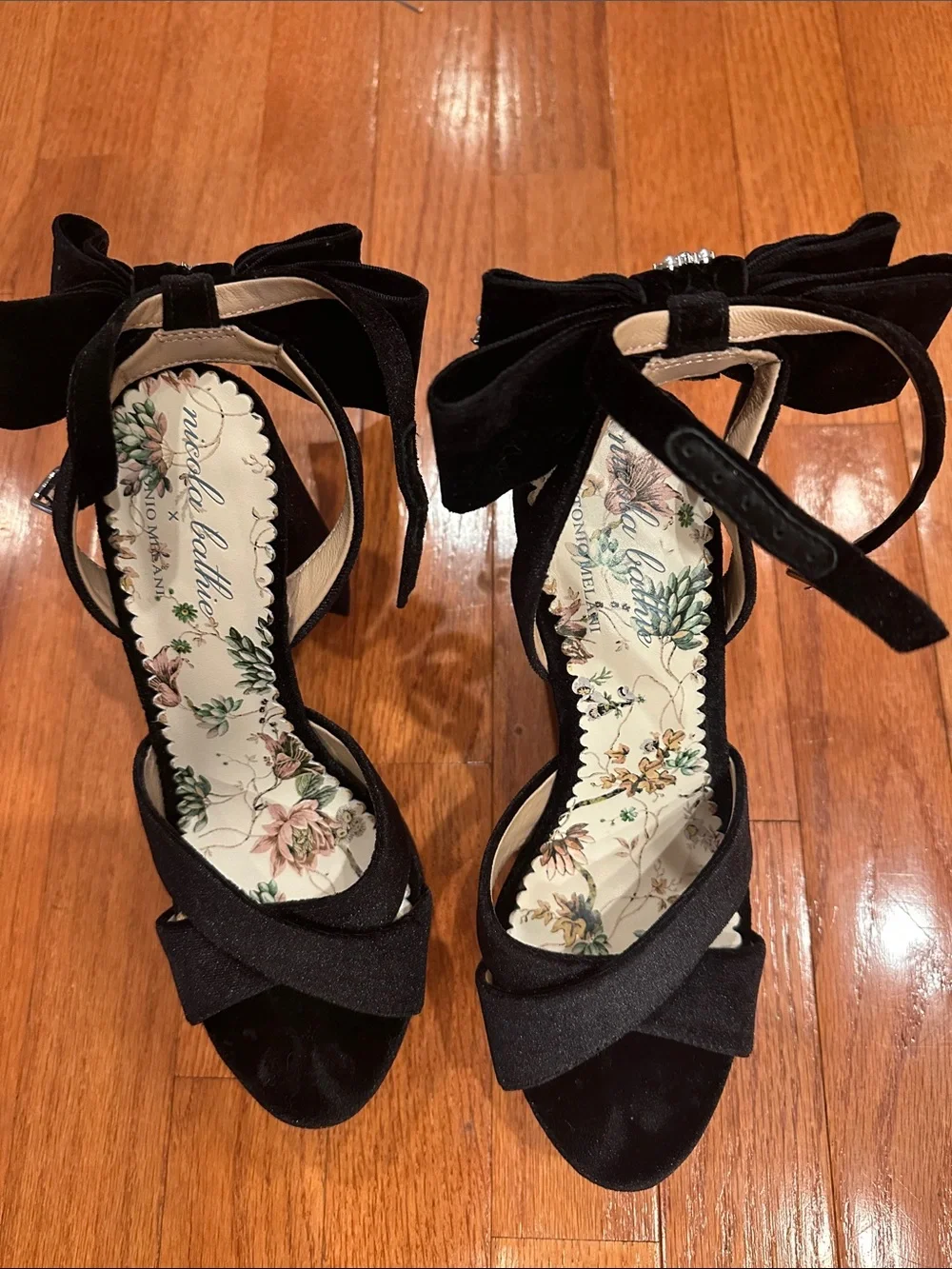 Nicola Bathie x antinio melani Black bow Crystal gem pearl platform Heels 7